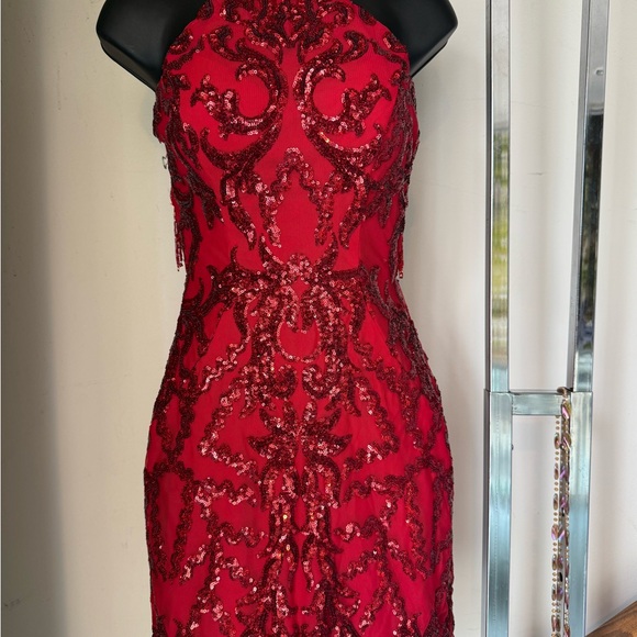 open lace back dress Lola Red Polka Dot Lace Trim A-Line Halter Mini Dress M / Red Multi